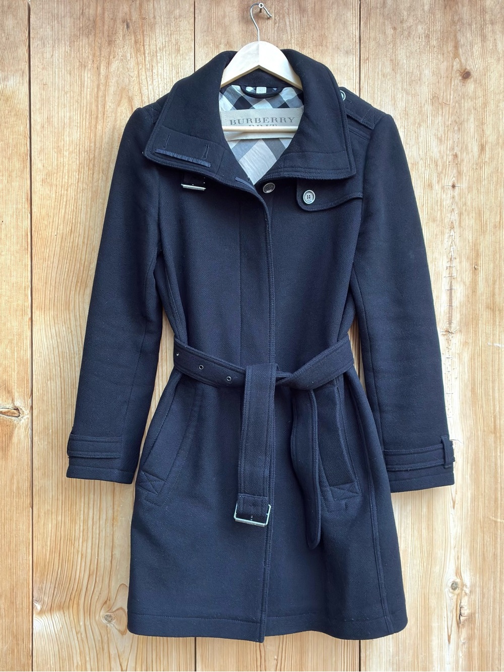 Burberry Brit Women’s Rushworth Black Wool Belted Coat Sz 8
